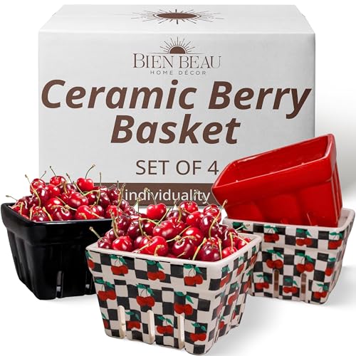 BIEN BEAU Ceramic Berry Basket -Checkered black and White with red Cherries pattern-Colander -Modern Kitchen Decor Fruit Bowls - Checkerboard Fruit Baskets, Farmer's Market Harvest Bowls Set of 4 - Image 1