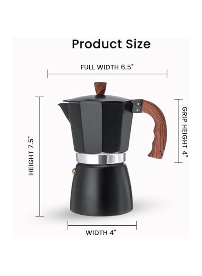 بيوينتي صانع إسبريسو ، وعاء موكا ممتاز من الألومنيوم 6 أكواب لـ إسبريسو الكلاسيكي ، صانع قهوة إيطالي يدوي للمنزل والتخييم ، سهل التشغيل (أسود) - Image 2