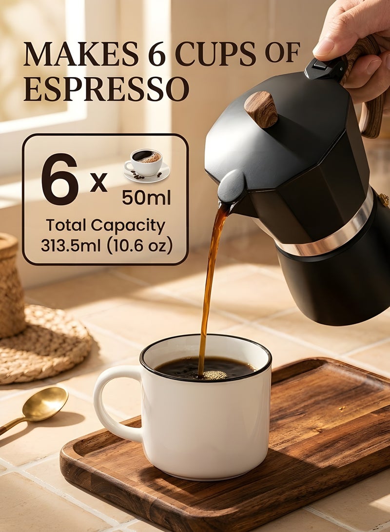 بيوينتي صانع إسبريسو ، وعاء موكا ممتاز من الألومنيوم 6 أكواب لـ إسبريسو الكلاسيكي ، صانع قهوة إيطالي يدوي للمنزل والتخييم ، سهل التشغيل (أسود) - Image 5