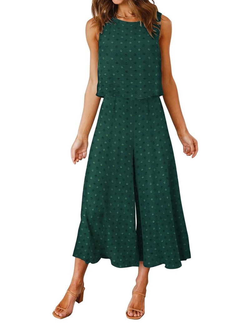 ROYLAMP Women's Summer 2 Piece Outfits Round Neck Crop Basic Top Cropped Wide Leg Pants Set Jumpsuits Green Floral S - Image 1