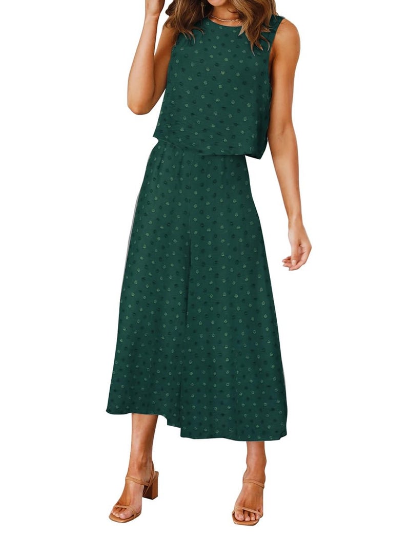 ROYLAMP Women's Summer 2 Piece Outfits Round Neck Crop Basic Top Cropped Wide Leg Pants Set Jumpsuits Green Floral S - Image 2