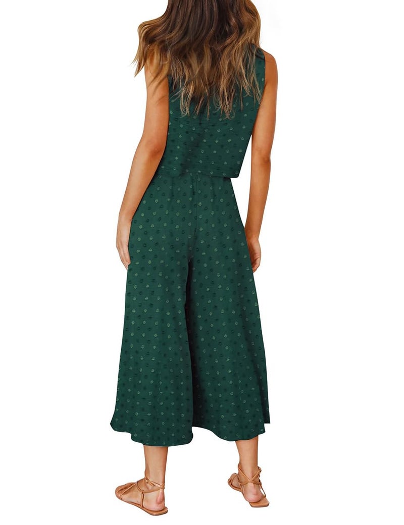 ROYLAMP Women's Summer 2 Piece Outfits Round Neck Crop Basic Top Cropped Wide Leg Pants Set Jumpsuits Green Floral S - Image 4