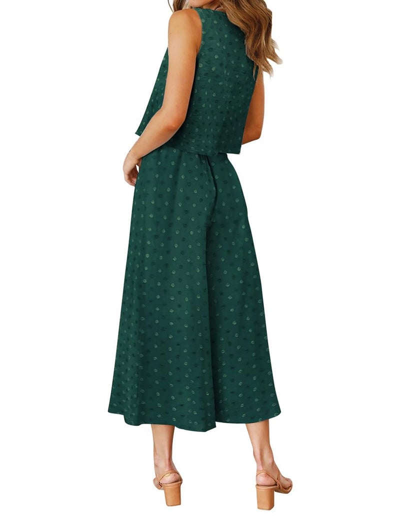 ROYLAMP Women's Summer 2 Piece Outfits Round Neck Crop Basic Top Cropped Wide Leg Pants Set Jumpsuits Green Floral S - Image 3