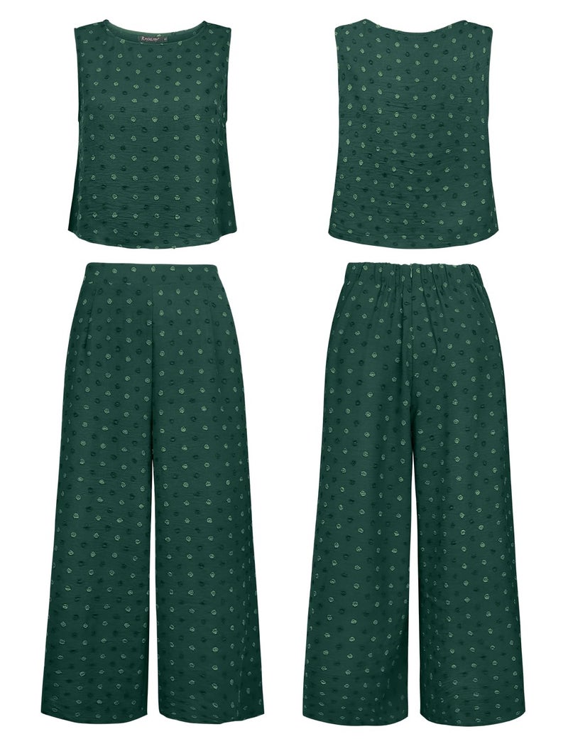 ROYLAMP Women's Summer 2 Piece Outfits Round Neck Crop Basic Top Cropped Wide Leg Pants Set Jumpsuits Green Floral S - Image 5
