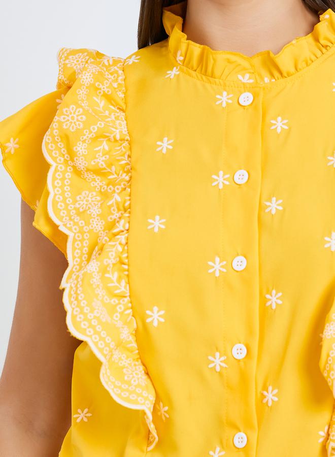 Take Two Yellow Embroidered Ruffle Sleeveless Top - Image 3
