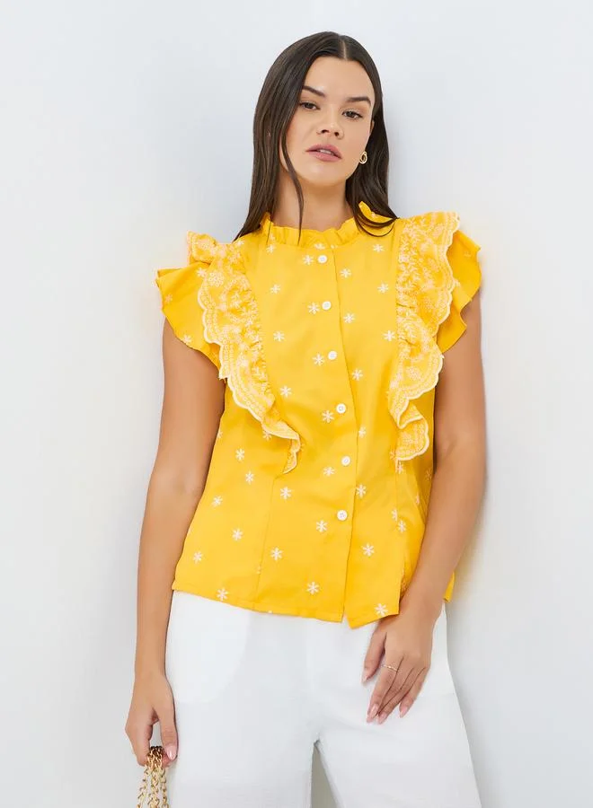 Take Two Yellow Embroidered Ruffle Sleeveless Top