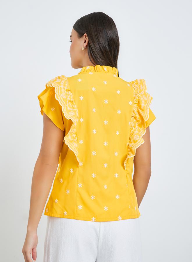Take Two Yellow Embroidered Ruffle Sleeveless Top - Image 4