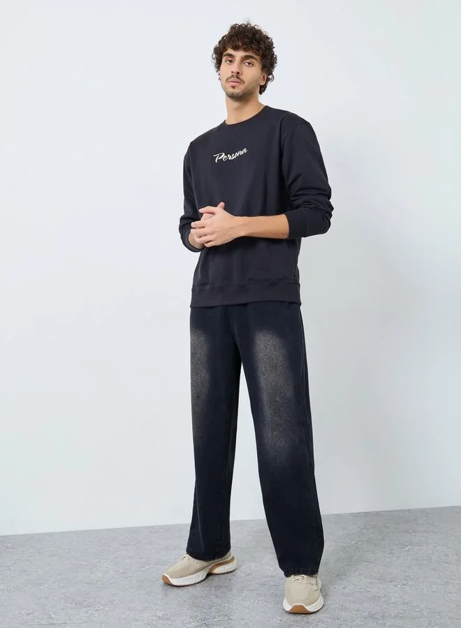 Styli Styli Men Black Embroidered Slogan Sweatshirt