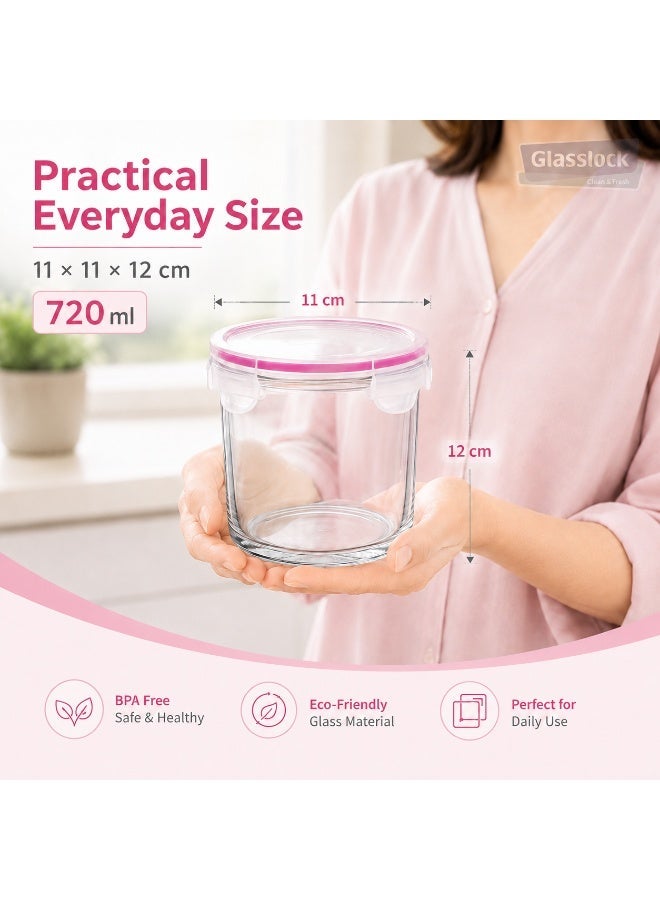 Glasslock Glass Food Storage Container 720ml Round Airtight BPA Free Locking Lid Tempered Glass Microwave Freezer Dishwasher Safe Pink - Image 2