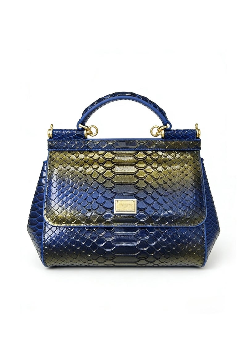 D&G Dolce&Gabbana gradient blue Lizard Pattern Leather Sicily Bag - Gold Hardware, Top Handle and Convertible Strap, Signature Sign, Luxury Structured Handbag for Daily and Formal Occasions, Exquisite Luxury Small Bag, Gift Box Packaging, Banquet Small Bag - Image 1