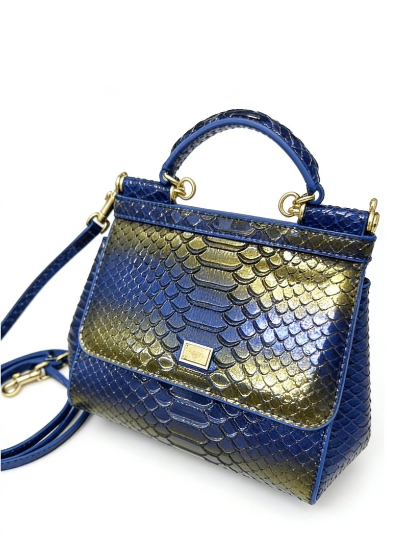 D&G Dolce&Gabbana gradient blue Lizard Pattern Leather Sicily Bag - Gold Hardware, Top Handle and Convertible Strap, Signature Sign, Luxury Structured Handbag for Daily and Formal Occasions, Exquisite Luxury Small Bag, Gift Box Packaging, Banquet Small Bag - Image 3