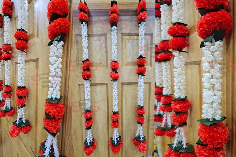 S2S Artificial Marigold JasmineMogra FlowerGreen Leaves Tassles Garlands Ladi Strings for Decoration of HomeBalconyWall HangingsHall Pack of 5 Height 30 Inch MOGRA RED Flowers - Image 4