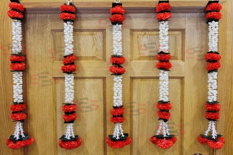 S2S Artificial Marigold JasmineMogra FlowerGreen Leaves Tassles Garlands Ladi Strings for Decoration of HomeBalconyWall HangingsHall Pack of 5 Height 30 Inch MOGRA RED Flowers - Image 1