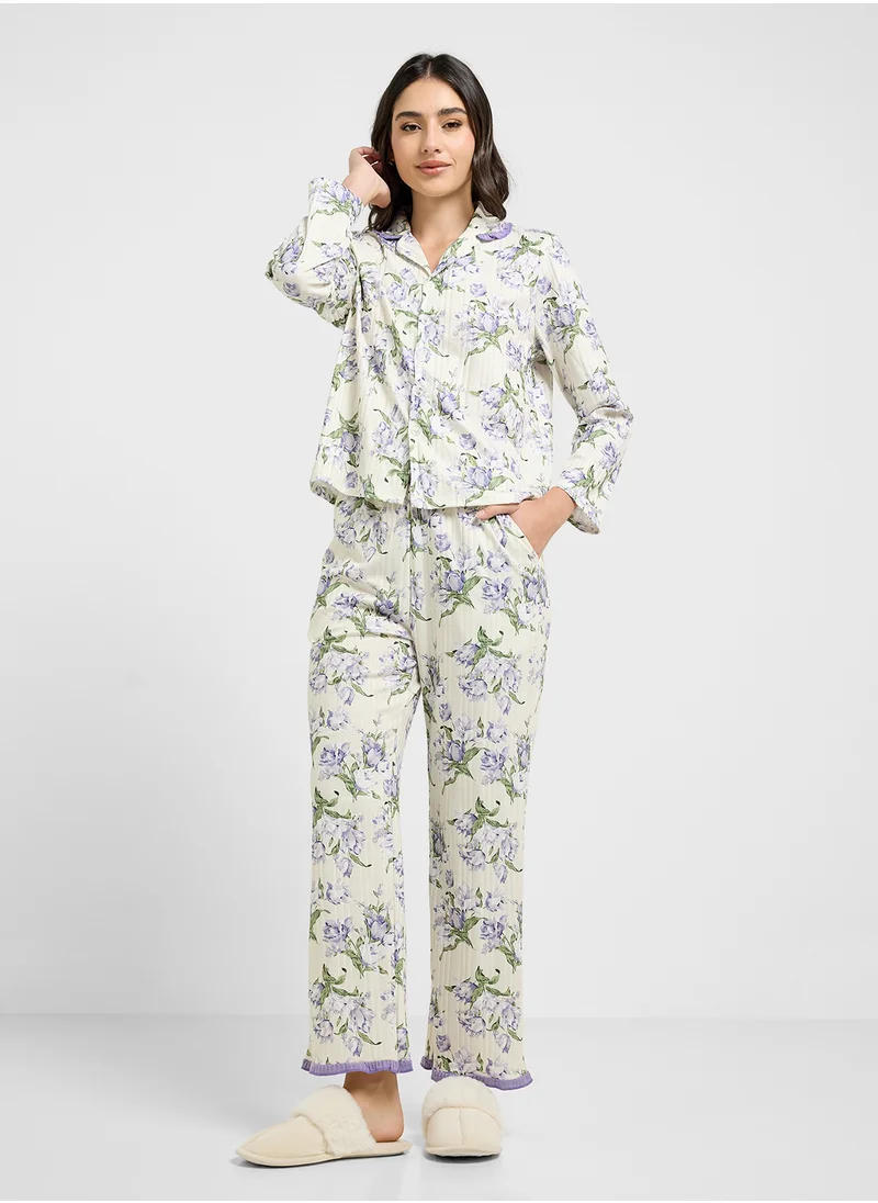 جينجر Monochrome Floral Print Shirt & Pyjama Set