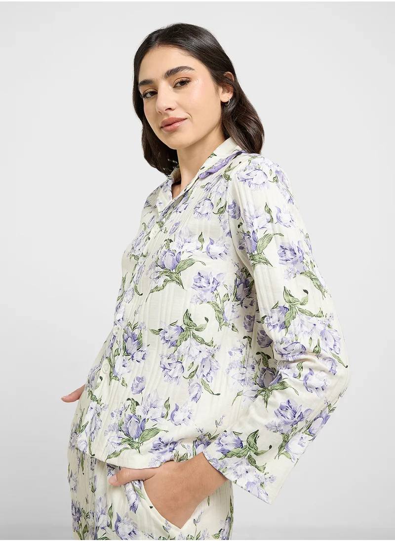 جينجر Monochrome Floral Print Shirt & Pyjama Set