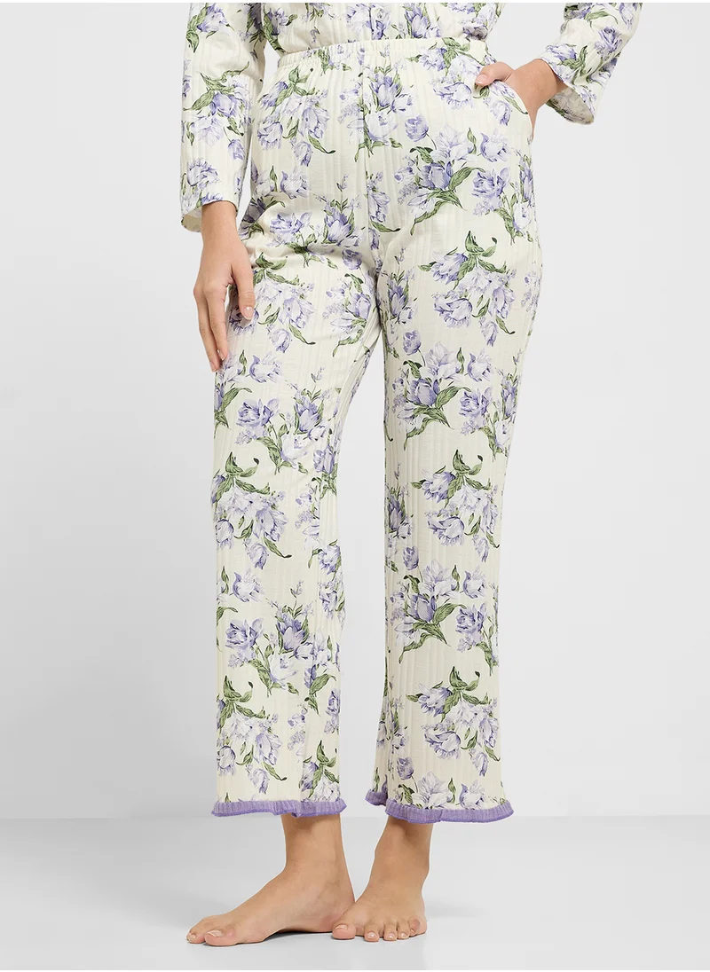 جينجر Monochrome Floral Print Shirt & Pyjama Set