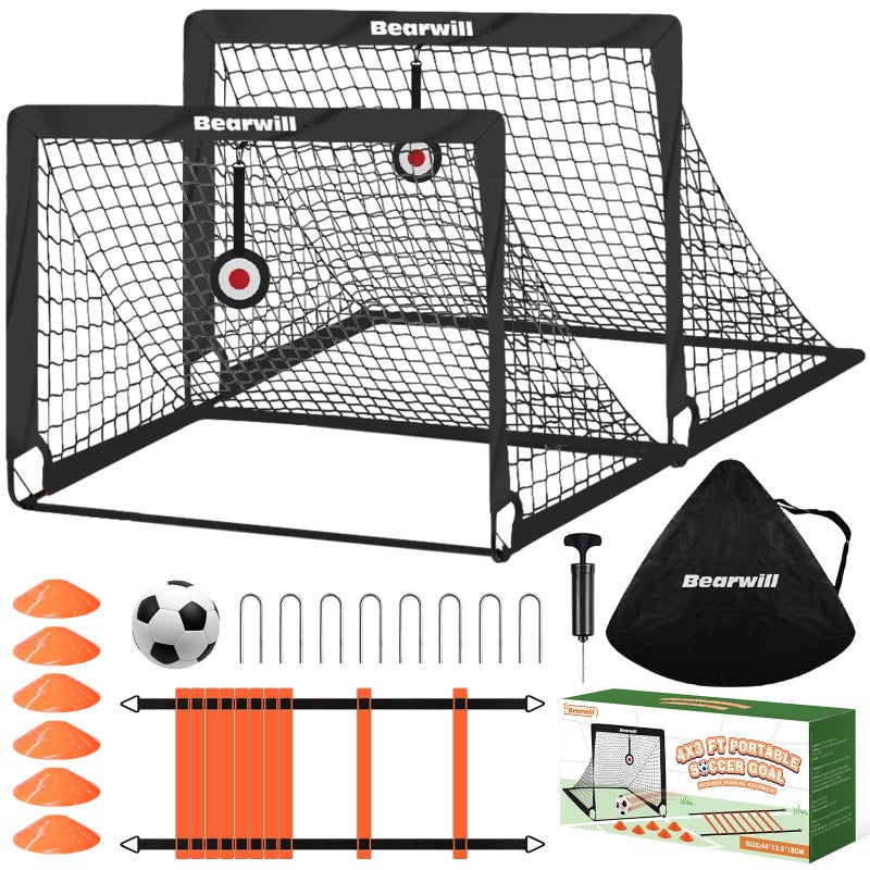 Bearwill Soccer Goal, Kids Soccer Goals for Backyard Set of 2, 4x3ft Portable Soccer Goal Pop Up Soccer Net, Kids Soccer Net for Backyard Training Equipment with Soccer Ball, Ladder, Cones, Targets - Image 1