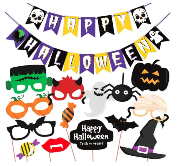 WOBBOX Halloween Party Prop Photo Booth Props DIY Kit with Bunting Banner for Party Supplies Featuring Boo Pumpkin Ghost Halloween Decorations Photo Booth Props (Combo YV) - Image 1