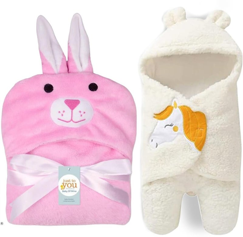 AAKRITI Warm Newborn Baby Sleeping Bag for Winter Baby Swaddling Blanket Single Hooded with Embroidered Blanket for 06 Months Baby Boys and Baby Girls Pack of 2  - Image 1
