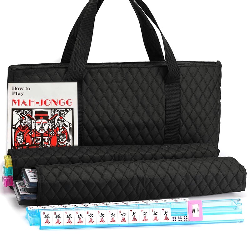 Mose Cafolo American Mahjong Game Set - Black Quilted Soft Bag 166 Premium Tiles with 4 All-in-One Rack/Pushers,100 Chips, Wind Indicator, English Manual. Easy Carry Complete Classic Mah-Jongg Set - Image 1