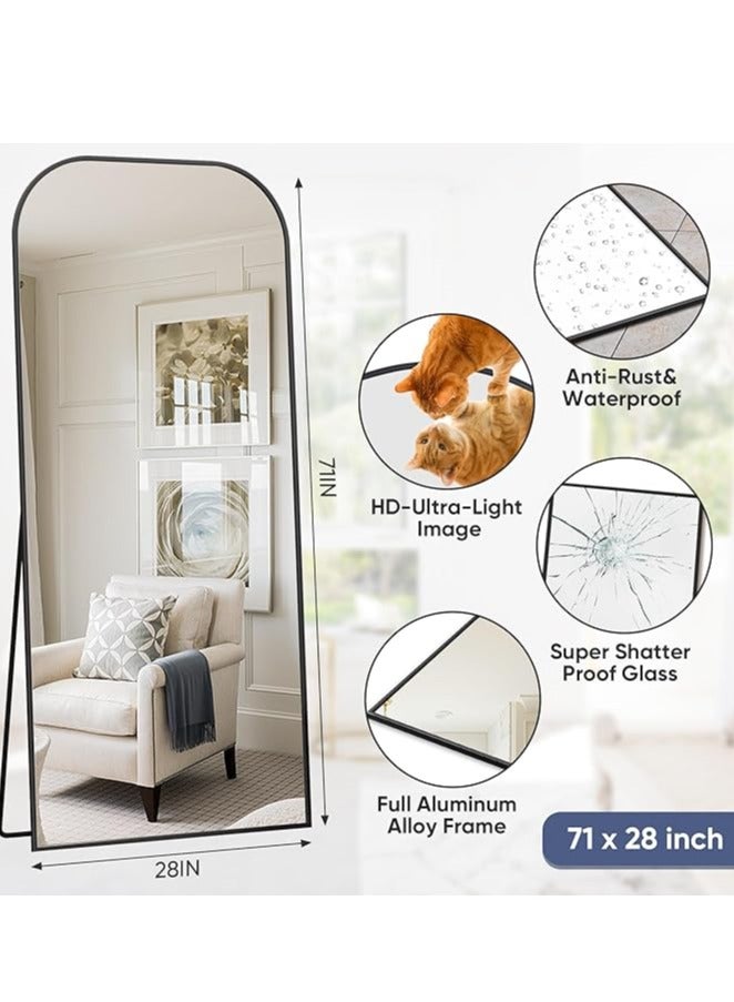 فيبارتي مرآة أرضية مقوسة كاملة الطول 71 بوصة × 28 بوصة (180 × 70 سم)، إطار من سبائك الألومنيوم الأسود، زجاج عالي الدقة، تصميم دائري أنيق، قائمة بذاتها، خيارات التثبيت على الحائط والميل، مرآة أنيقة لكامل الجسم لغرفة النوم، وغرفة المعيشة، حديثة ديكور المنزل، مرآة ديكور كبيرة - Image 4