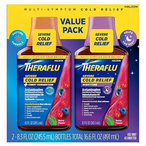 Theraflu Severe Cold and Cough Nighttime and Daytime Cough and Cold Medicine, Berry Flavor - 8.3 Fl Oz Syrup x 2 - Image 1