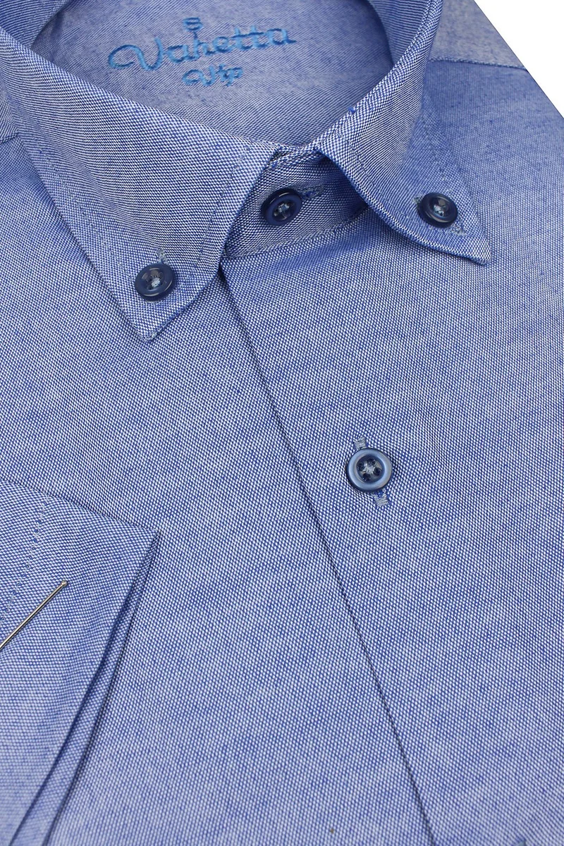 فاريتا Men's Blue Straight Collar Buttoned Cotton Satin Short Sleeve Shirt