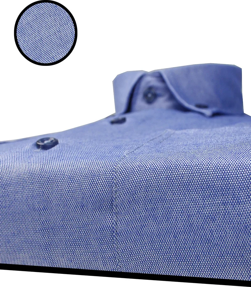 فاريتا Men's Blue Straight Collar Buttoned Cotton Satin Short Sleeve Shirt