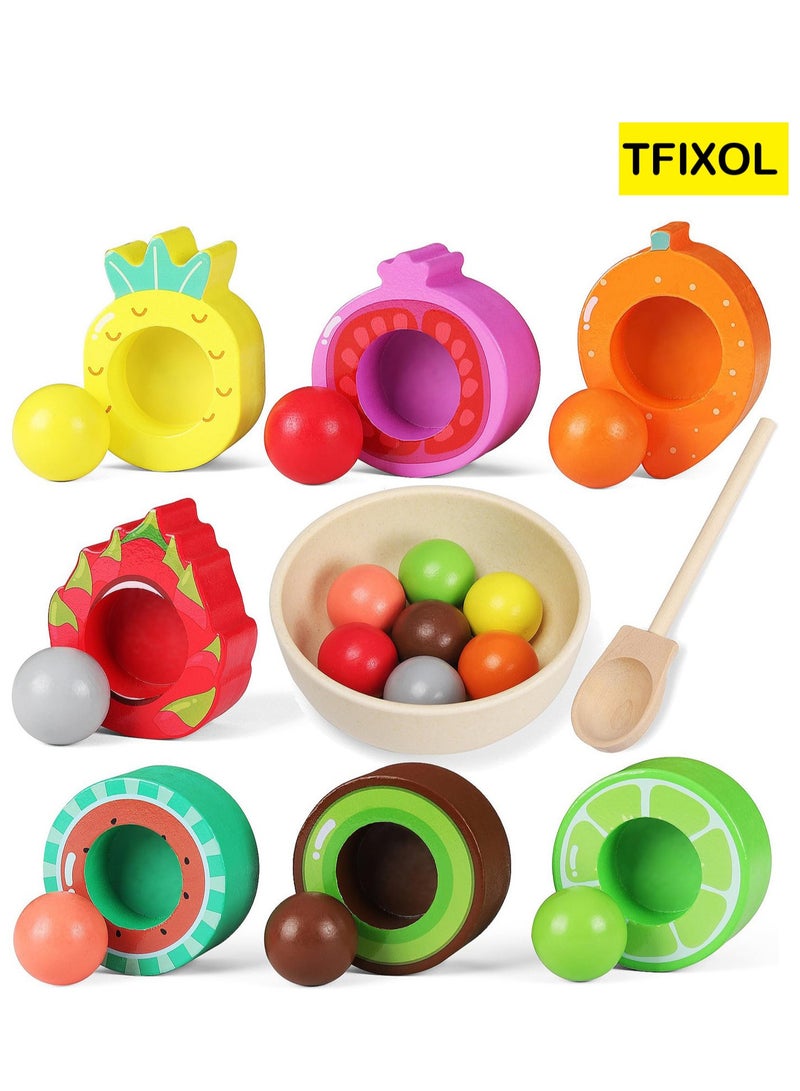 TFIXOL Wooden Fruits Toys Sets Balls in Cups Toddler Montessori Toys for 3 Year Old Up, Kids Preschool Wooden Matching Games for Learning Color Sorting and Counting - Image 1