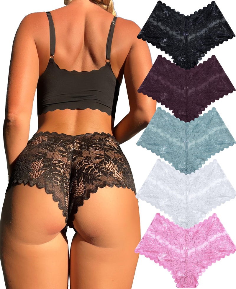 FINETOO 5 Pack Sexy Lingerie Panties for Women Pack V-Waist Lace Womens Underwear French Cut Boyshorts Panty - Image 1