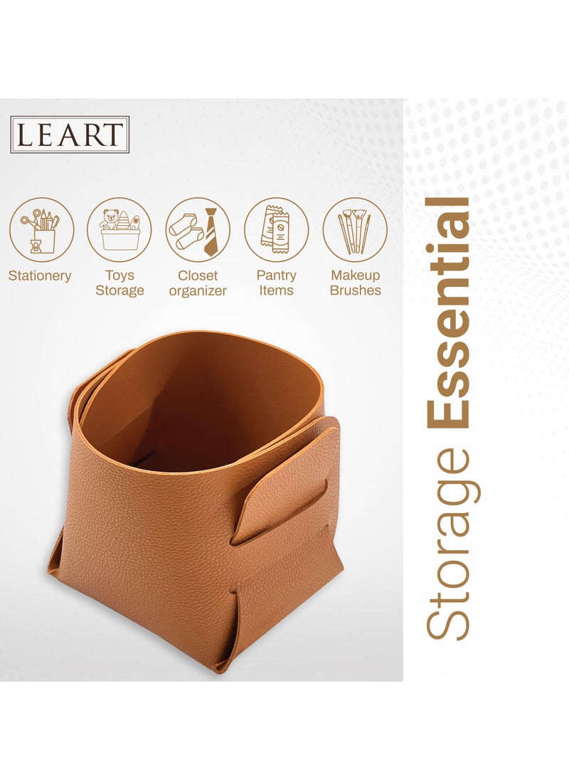 LeArt Leather Storage Basket – Bedside, Nightstand, Office Desk Organizer | Pantry Storage Organizer | Stationery Organizer | Storage Bin for Home (Caramel Small)  - Image 2