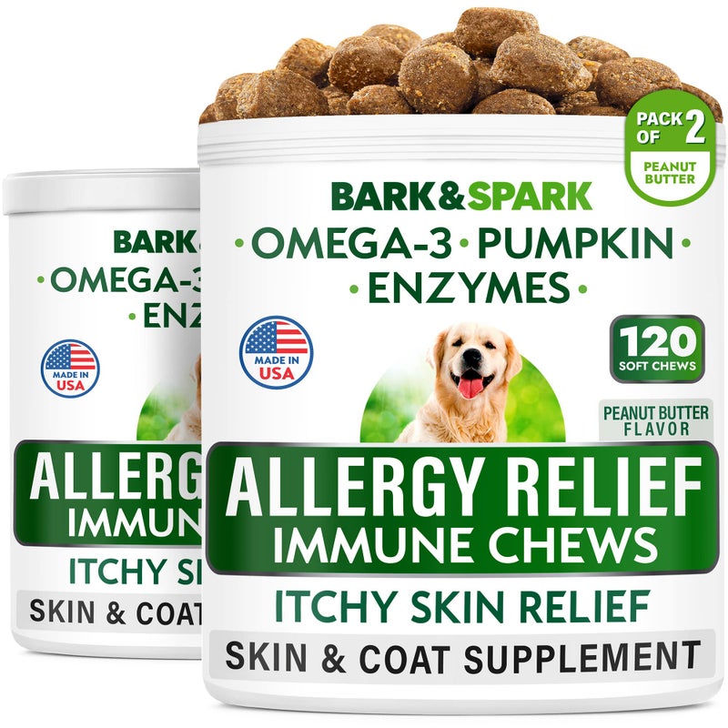 BARKSPARK Allergy Relief Dog Treats Omega 3 Pumpkin Enzymes Itchy Skin Relief 240 Ct Seasonal Allergies AntiItch Hot Spots Immune Supplement Made in USA Peanut Flavor Chews