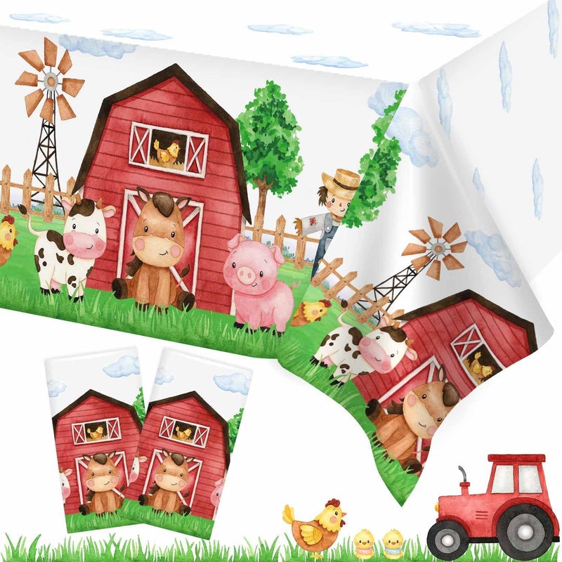Heboland 3 Pieces Farm Animal Birthday Party Supplies Tablecloth Large Size 54 x 108 Inch Rectangular Plastic Table Cover Barnyard Birthday Party Supplies Decorations for Baby Shower Boys Girls