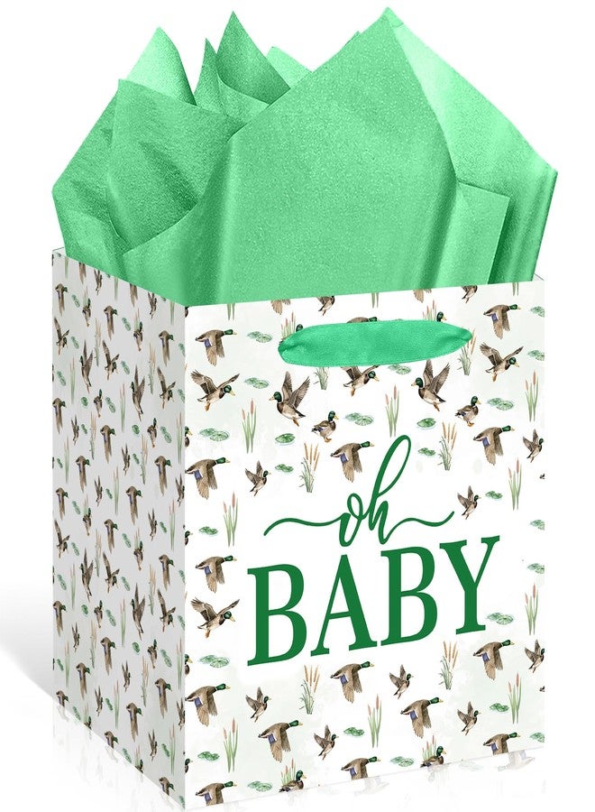 Woosytoo Extra Large Mallard Duck Gift Bags for Baby Shower, Watercolor Animal Square Gift Bag Duck Hunting Jumbo Gifts Bag with Tissue Papers for Boy Baby Shower Pregnancy Celebration Party - Image 1