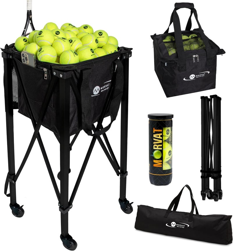 Morvat Professional Tennis & Pickle Ball Hopper Holds 165 Balls Heavy-Duty Pro Sports Practice Cart, Foldable Portable Compact & Lightweight Zippered Pocket & Racket Holder, Carry Bag + 3 Tennis Balls - Image 1