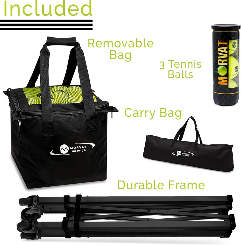 Morvat Professional Tennis & Pickle Ball Hopper Holds 165 Balls Heavy-Duty Pro Sports Practice Cart, Foldable Portable Compact & Lightweight Zippered Pocket & Racket Holder, Carry Bag + 3 Tennis Balls - Image 4