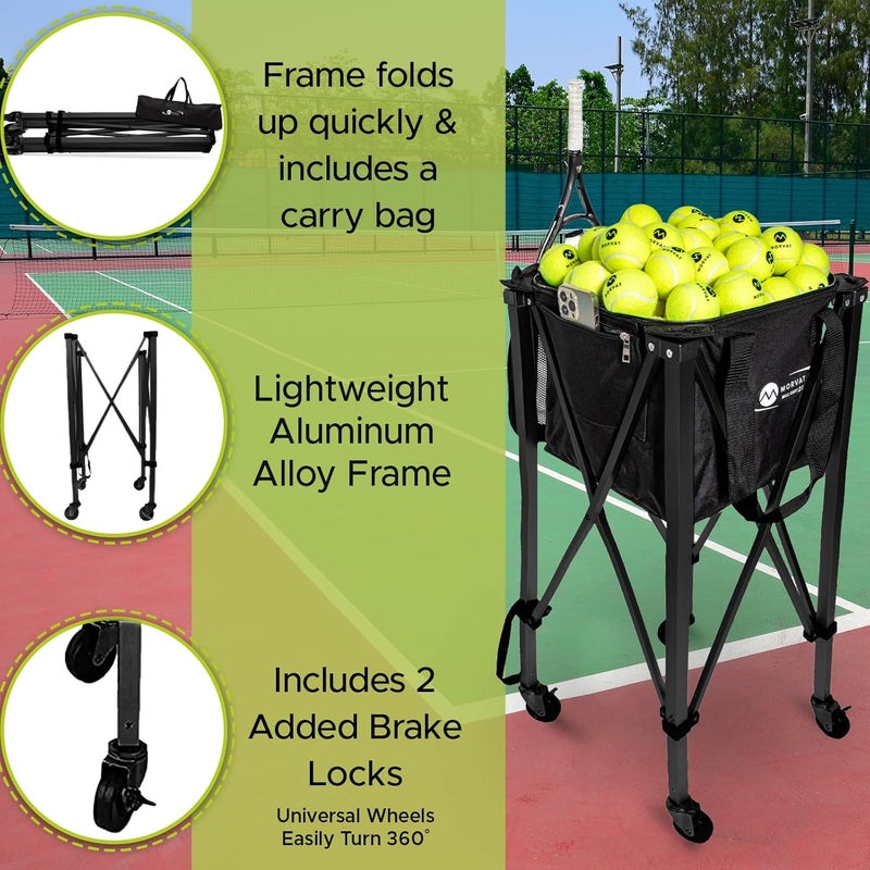 Morvat Professional Tennis & Pickle Ball Hopper Holds 165 Balls Heavy-Duty Pro Sports Practice Cart, Foldable Portable Compact & Lightweight Zippered Pocket & Racket Holder, Carry Bag + 3 Tennis Balls - Image 2