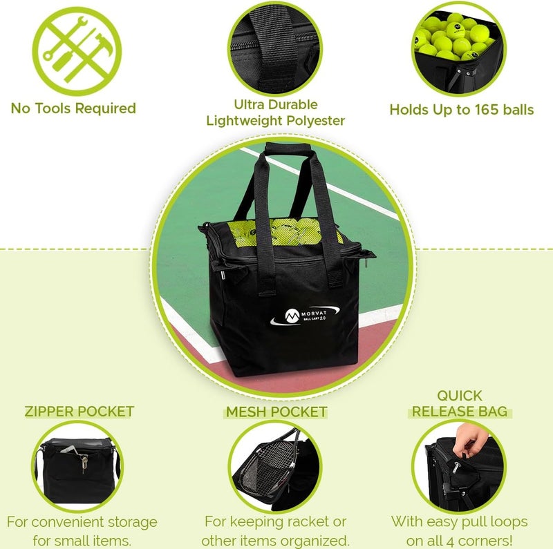 Morvat Professional Tennis & Pickle Ball Hopper Holds 165 Balls Heavy-Duty Pro Sports Practice Cart, Foldable Portable Compact & Lightweight Zippered Pocket & Racket Holder, Carry Bag + 3 Tennis Balls - Image 3