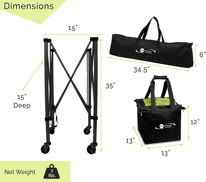 Morvat Professional Tennis & Pickle Ball Hopper Holds 165 Balls Heavy-Duty Pro Sports Practice Cart, Foldable Portable Compact & Lightweight Zippered Pocket & Racket Holder, Carry Bag + 3 Tennis Balls - Image 5