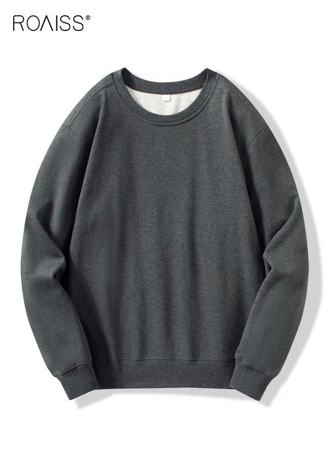 roaiss Unisex Crew Neck Loose-Fitting Long-Sleeved Sweatshirt, Soft and Breathable Combed Cotton T-Shirt, Casual Top for Spring and Autumn, Gray - Image 1
