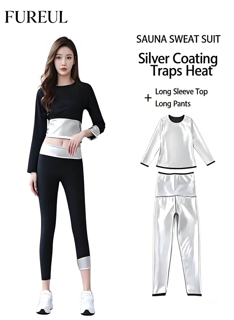 FUREUL Women's Long Sleeve Full Body Sauna Shapewear Outer High Elastic Wrinkle Resistant Polyester Inner Eco Friendly Nano Silver Heat Reflective Coating Abdominal Slimming Body Contouring Sweat Boosting Fat Burning Indoor Outdoor Activities Suitable For Jogging Climbing Fitness Exercise Shapewear - Image 1