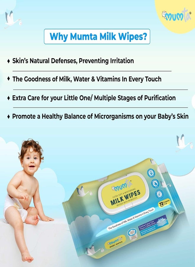 MUMta Milk baby wipes | With 99% Pure Water, Milk and Probiotics- 72 wipes| Plant Based Fabric for Sensitive Skin| Prevents irritation & rashes. (Pack of 1) - Image 3