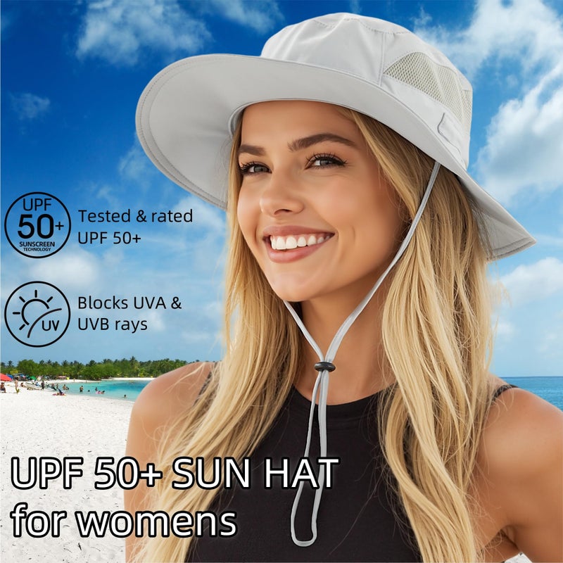 Connectyle Womens Sun Hat Outdoor Wide Brim Boonie Sun Hat Summer Beach Hats UV Protection Fishing Safari Cap Light Grey - Image 2