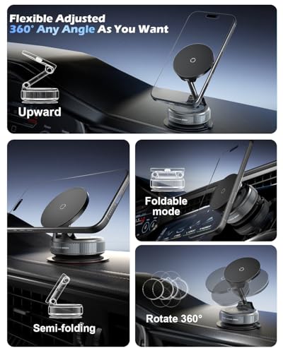 CloudValley 15W Fast Wireless Charger Car Phone Mount Vacuum Suction Cup Magnetic Phone Holder Design for MagSafe iPhone 171615141312 360 Adjustable Foldable Stand for DashboardWindshield - Image 3