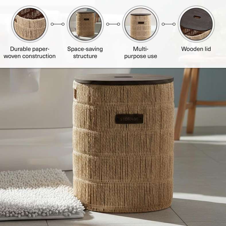 Pan Home سلة غسيل طبيعية بغطاء خشبي - Image 4