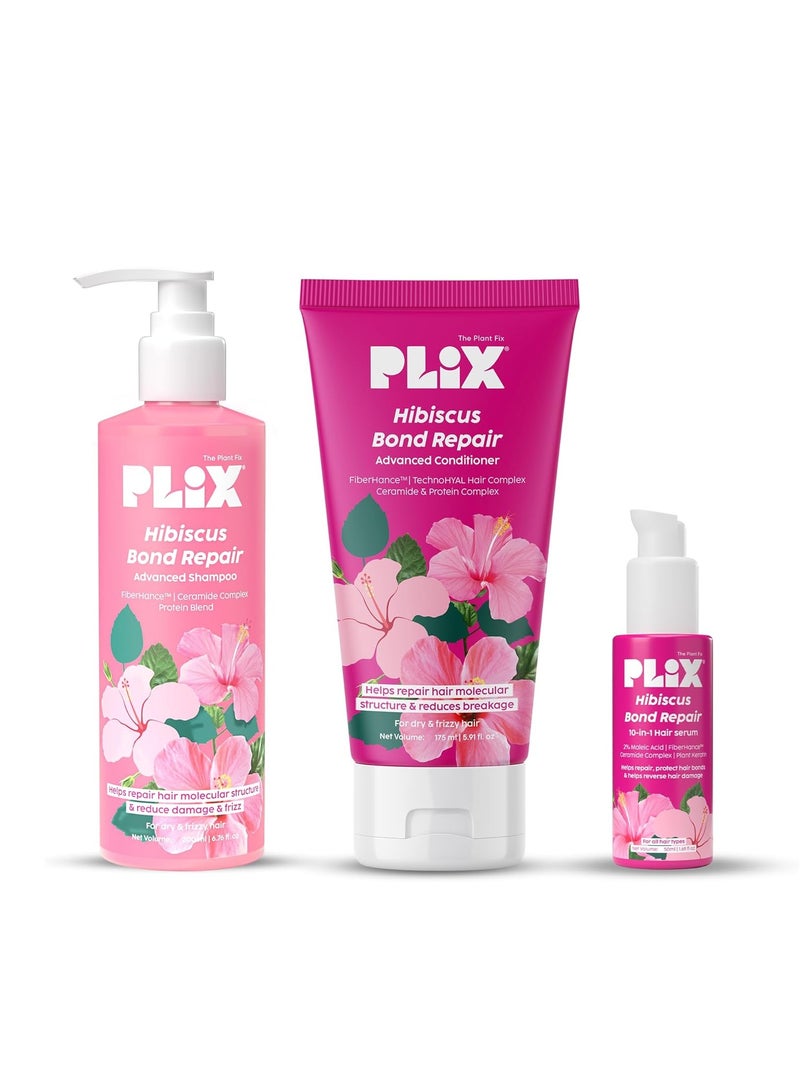 PLIX THE PLANT FIX Hibiscus Bond Repair Advanced 10-in-1 Serum, Shampoo & Conditioner Repairs Molecular Structure & Reduces Breakage FiberHance™ & TechnoHYAL Hair Complex - Image 1