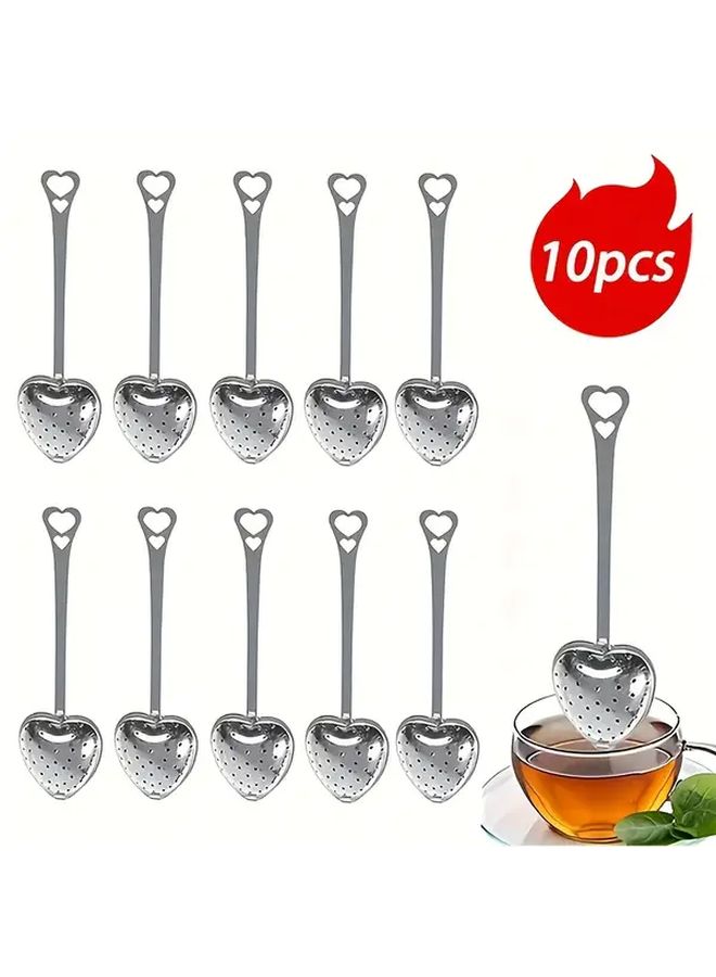 10 Pcs Stainless Steel Tea Strainer Set Heart Design Long Handle Easy To Use Durable Material For Brewing Loose Leaf Tea Home Kitchen Use - Image 1
