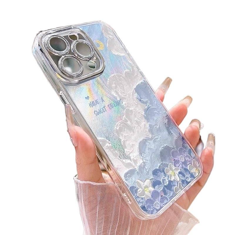 MS غطاء واقي بAcrylic لـ Redmi Note 12 مع حامل قائم وتغطية كاملة مع نقش سحابة زيتية مع حماية العدسة باللون أزرق بوظيفة حامل من الأكريليك باللون الأزرق باللون الأحمر - Image 2