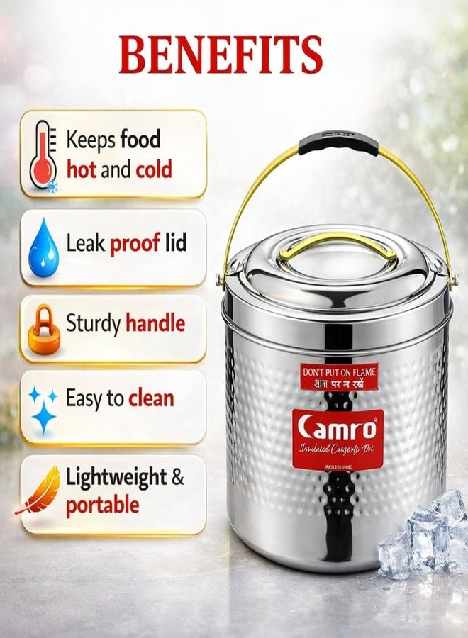 Camro Sambar Pot Hammered 7.5 Liters | Sambar Pot with Lid | Casserole for Cooking | Canteen & Hotel Casserole Container | Picnic Hot | Biryani Box Hot & Cold Serving - Image 3