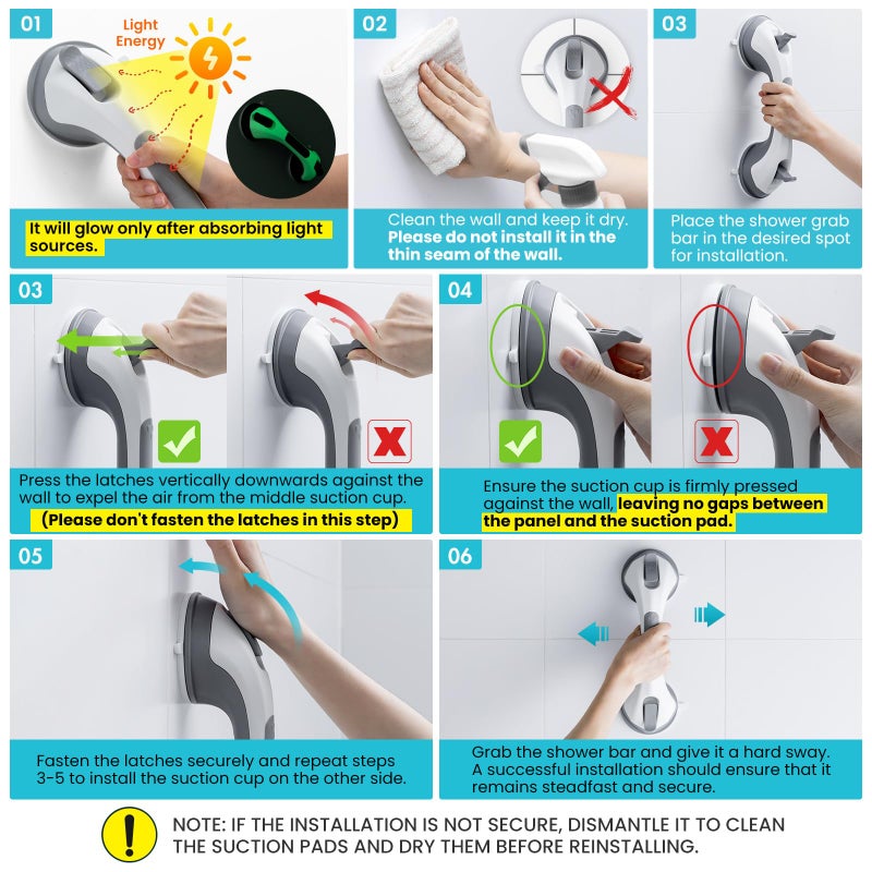 TAILI Shower Grab Bar Glow in The Dark, 2 Pack 12.2 in Grab Bars for Bathtubs and Showers,Shower Handles Shower Rails for Seniors and Elderly,Bathroom Safety Grip Removable No Drilling Waterproof Grey - Image 3